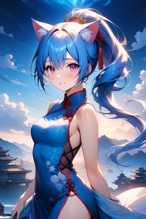 Vibrant blue fog envelops the serene landscape as a stunning 20-year-old woman poses in the foreground. Her adorable cat ears and piercing pink eyes captivate, while her vibrant blue hair flows down her back in a medium-length ponytail. The XL wallpaper-quality image showcases an intricate side slit Chinese dress in shades of blue, perfectly framing her youthful smile. In this ultra-detailed 8K masterpiece, every strand of hair and fold of fabric is meticulously rendered.