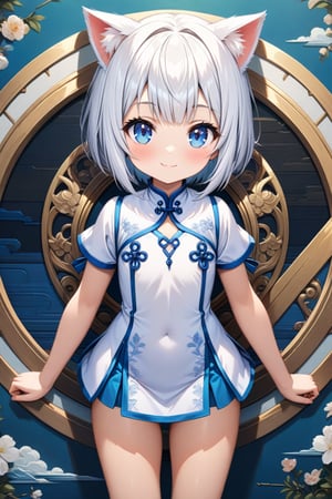 master piece, best quality, highly detailed, ultra detailed, more detail XL, extremely detailed CG unity 8k wallpaper, 
1 girl, 9 years old, cat ears, white hair, bob cut, blue eyes, smile, 
white Chinese dresses, micro skirt, looking at viewer ,