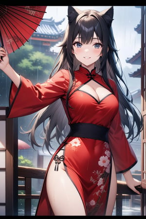 master piece, best quality, highly detailed, ultra detailed, extremely CG unity 8k wallpaper,1 woman, 22 years old, smile, cat ears, red Chinese dresses, pelvic curtain, long sleeves,black hair, long hair, cleavage cutout, rainy day,oriental_umbrella