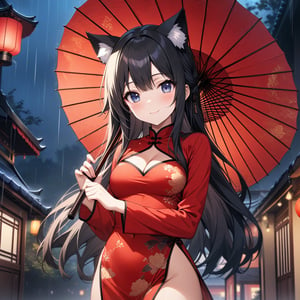 master piece, best quality, highly detailed, ultra detailed, extremely CG unity 8k wallpaper,1 woman, 22 years old, smile, cat ears, red Chinese dresses, pelvic curtain, long sleeves,black hair, long hair, cleavage cutout, rainy night,oriental_umbrella, holding umbrella,