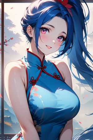 A majestic masterpiece of a woman, only 20 years young and exuding an aura of cuteness, stands poised in a stunning 8k wallpaper. Her striking features include piercing pink eyes and vibrant blue locks styled into a sleek ponytail. A flowing blue Chinese dress with side slits hugs her curves, showcasing her beauty from every angle. With a warm, radiant smile, she seems to glow under the soft, natural lighting that casts a flattering glow on her porcelain skin.