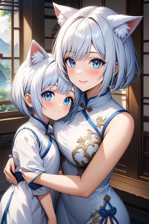 master piece, best quality, highly detailed, ultra detailed, more detail XL, extremely detailed CG unity 8k wallpaper,  cat ears, white hair, bob cut, blue eyes, 
white Chinese dresses, smile, 
mother and daughter, 