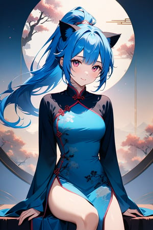 In a serene 8K composition, a 20-year-old woman with striking features sits elegantly, adorned with cat ears and radiant pink eyes. Her vibrant blue hair flows in a ponytail, complementing the mesmerizing blue hues of her Chinese-inspired dress featuring a side slit. The subject's gentle smile exudes warmth as she poses amidst a backdrop of subtle gradient, showcasing exquisite details and textures.