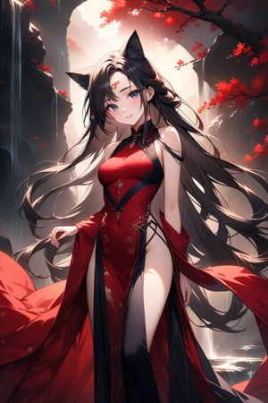 In a meticulously composed shot, a stunning 22-year-old woman poses against a richly textured backdrop, her bright red Chinese dress flowing elegantly around her. Her black hair cascades down her back like a waterfall of night, with intricate cat ears adorning her forehead. A subtle smile plays on her lips as she gazes directly at the viewer. The pelvic curtain, delicately draped across her lower body, adds an air of mystique to the scene. The ultra-detailed CG Unity 8K wallpaper provides a breathtaking canvas for this masterpiece, with every strand of hair and fold of fabric rendered in exquisite high definition.