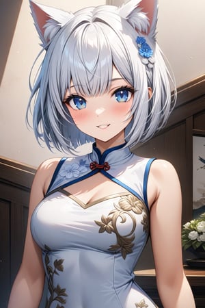 master piece, best quality, highly detailed, ultra detailed, more detail XL, extremely detailed CG unity 8k wallpaper, 
1 woman, 30 years old, cat ears, white hair, bob cut, blue eyes, 
white Chinese dresses, smile,