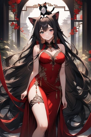 In a majestic 8K composition, a stunning 22-year-old woman with luscious black locks cascading down her back adorns the frame. She wears a vibrant red Chinese dress flowing elegantly around her legs, while cat ears perched atop her head add whimsical flair. Her enigmatic smile hints at secrets shared beneath her long hair's gentle curtain. The pelvic curtain flows like a waterfall of silk, emphasizing the beauty of this captivating scene set against a richly detailed background.