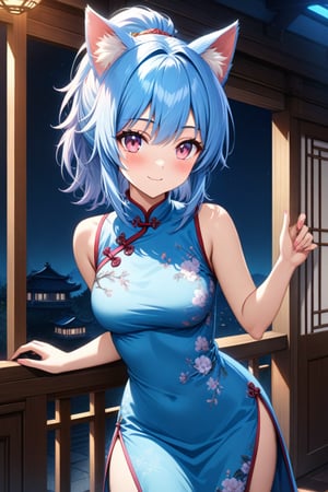 master piece, best quality, highly detailed, ultra detailed, more detail XL, extremely detailed CG unity 8k wallpaper, 
1 woman, 20 years old, cute, cat ears, pink eyes, blue hair, medium hair, ponytail, blue Chinese dresses, side slit dress, smile, night time, 