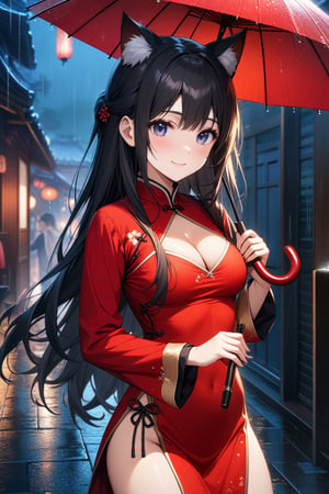 master piece, best quality, highly detailed, ultra detailed, extremely CG unity 8k wallpaper,1 woman, 22 years old, smile, cat ears, red Chinese dresses, pelvic curtain, long sleeves,black hair, long hair, cleavage cutout, rainy night, umbrella, ((hold an umbrella)),umbrella