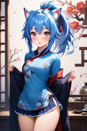 master piece, best quality, highly detailed, ultra detailed, more detail XL, extremely detailed CG unity 8k wallpaper, 
1 woman, 20 years old, cute, cat ears, pink eyes, blue hair, medium hair, ponytail, blue Chinese traditional clothes, microskirt, 