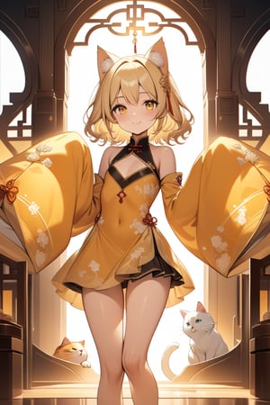 A masterpiece of ultra-detailed digital art! Here's a vivid description of the scene:

Against a warm, golden background, a captivating 15-year-old loli stands out in an exquisite yellow Chinese dress with flowing sleeves that cascade past her wrists. Her blonde wavy hair is styled in a short, effortless bob, framing her heart-shaped face and striking big eyes with a bright, sunny hue. The cat ears on her head add a touch of whimsy to this stunning young girl's features. A microskirt accentuates her toned legs, while a radiant smile lights up her entire being. The image is presented in breathtaking 8K resolution, showcasing every detail with precision and clarity.