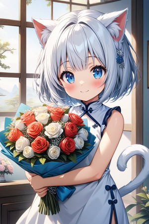 master piece, best quality, highly detailed, ultra detailed, more detail XL, extremely detailed CG unity 8k wallpaper, 
1 girl, cute, kawaii, 9 years old, cat ears, white hair, bob cut, blue eyes, smile, 
white Chinese dress, bouquets, holding bouquets, 