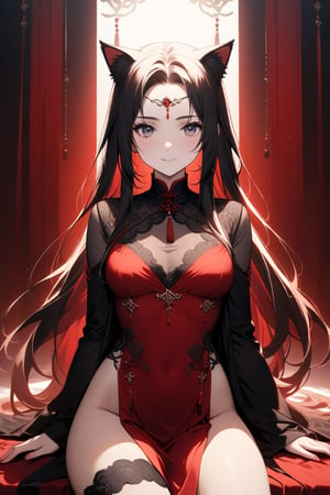 A majestic masterpiece! A stunning 22-year-old woman sits serenely, her bright red Chinese dress flowing like a crimson waterfall around her. Her black, shoulder-grazing locks cascade down her back, with a few loose strands framing her radiant smile. Delicate cat ears adorn her forehead, and a lacy pelvic curtain adds an air of mystique to her enigmatic pose. The 8K wallpaper is a true marvel of detail, with every strand of hair, every fold of fabric, and every nuance of light meticulously crafted in ultra-high definition.