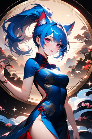 A majestic masterpiece of a digital painting, crafted with the finest details at an extraordinary scale. In the foreground, a stunning 20-year-old woman, exudes cuteness as she wears vibrant cat ears and sparkles with pink eyes. Her mesmerizing blue hair is styled in a sleek ponytail, framing her radiant smile. She dons a breathtaking side-slit blue Chinese dress, its intricate patterns and textures rendered with ultra-detailed precision. Against a clean black background, this 8K masterpiece radiates an otherworldly beauty, perfect for any discerning fan of high-quality digital art.