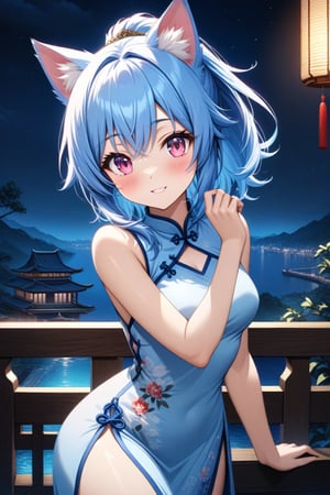 master piece, best quality, highly detailed, ultra detailed, more detail XL, extremely detailed CG unity 8k wallpaper, 
1 woman, 20 years old, cute, cat ears, pink eyes, blue hair, medium hair, ponytail, blue Chinese dresses, side slit dress, smile, night time, 