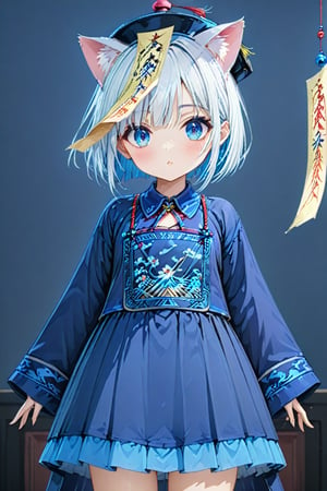 master piece, best quality, highly detailed, ultra detailed, more detail XL, extremely detailed CG unity 8k wallpaper, 1 girl, cute, kawaii, 9 years old, cat ears, white hair, bob cut, blue eyes, looking at viewer,nanjiang,nvjiang,huangfu paper,jyojifuku,ofuda,blue dress,ribbon,hat,score_9,score_8_up,score_7_up,source_anime