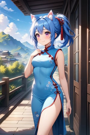 master piece, best quality, highly detailed, ultra detailed, more detail XL, extremely detailed CG unity 8k wallpaper, 
1 woman, 20 years old, cute, cat ears, pink eyes, blue hair, medium hair, ponytail, blue Chinese dresses, side slit dress, miniskirt, smile, morning, outdoor, walking, from side,