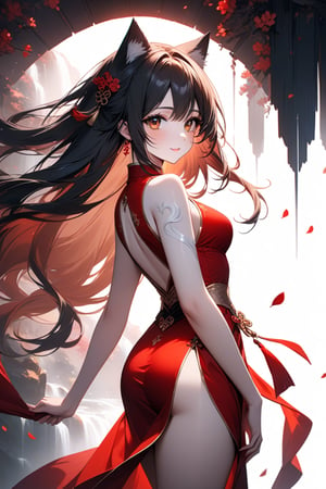 A stunning 22-year-old woman with a bright smile and cat ears adorns her head, wearing an exquisite red Chinese dress that flows elegantly around her. Her long black hair cascades down her back like a waterfall, while the delicate pelvic curtain adds a touch of mystique to the overall composition. The lighting is soft and warm, casting a golden glow on the subject's porcelain skin. Framed against a crisp white background, every detail stands out in ultra-high definition, making this 8K wallpaper a masterpiece of digital artistry.