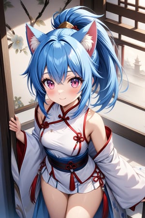 master piece, best quality, highly detailed, ultra detailed, more detail XL, extremely detailed CG unity 8k wallpaper, 
1 woman, 20 years old, cute, cat ears, pink eyes, blue hair, medium hair, ponytail, white Chinese traditional clothes, microskirt, smile,