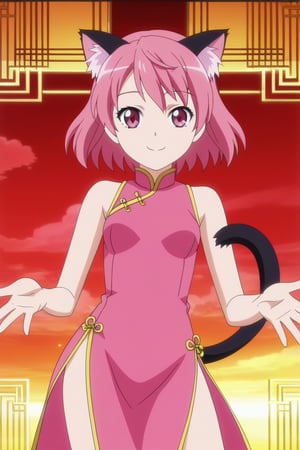 master piece, best quality, highly detailed, ultra detailed, more detail XL, extremely detailed CG unity 8k wallpaper, 
1 girl,14 years old, jewelry pink, cat ears, pink eyes, pink hair, short hair, smile,
pink Chinese dresses, side slit dress,anime screencap,score_anime