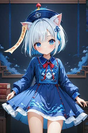 master piece, best quality, highly detailed, ultra detailed, more detail XL, extremely detailed CG unity 8k wallpaper, 1 girl, cute, kawaii, 9 years old, cat ears, white hair, bob cut, blue eyes, looking at viewer,nanjiang,nvjiang,huangfu paper,jyojifuku,ofuda,blue dress,ribbon,hat,score_9,score_8_up,score_7_up,source_anime