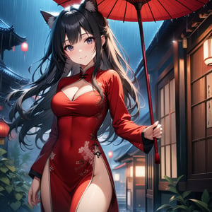 master piece, best quality, highly detailed, ultra detailed, extremely CG unity 8k wallpaper,1 woman, 22 years old, smile, cat ears, red Chinese dresses, pelvic curtain, long sleeves,black hair, long hair, cleavage cutout, rainy night,oriental_umbrella, 