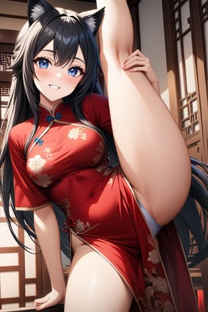 master piece, best quality, highly detailed, ultra detailed, more detail XL, extremely detailed CG unity 8k wallpaper, 
1 woman, 22 years old, smile, cat ears, red Chinese dresses, pelvic curtain,,black hair, long hair, standing on one leg,leg hold,leg lift, standing split,