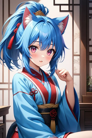 master piece, best quality, highly detailed, ultra detailed, more detail XL, extremely detailed CG unity 8k wallpaper, 
1 woman, 20 years old, cute, cat ears, pink eyes, blue hair, medium hair, ponytail, blue Chinese traditional clothes, cloth is very short length,  