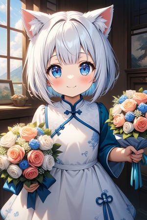 master piece, best quality, highly detailed, ultra detailed, more detail XL, extremely detailed CG unity 8k wallpaper, 
1 girl, cute, kawaii, 9 years old, cat ears, white hair, bob cut, blue eyes, smile, 
white Chinese dress, bouquets, holding bouquets, 