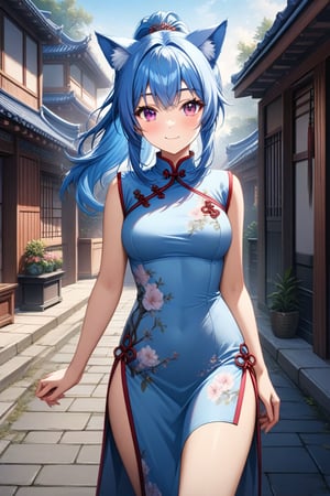 master piece, best quality, highly detailed, ultra detailed, more detail XL, extremely detailed CG unity 8k wallpaper, 
1 woman, 20 years old, cute, cat ears, pink eyes, blue hair, medium hair, ponytail, blue Chinese dresses, side slit dress, miniskirt, smile, morning, outdoor, walking on the street,