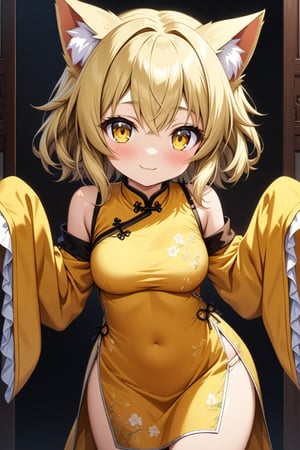 master piece, best quality, highly detailed, ultra detailed, more detail XL, extremely detailed CG unity 8k wallpaper, 
1 girl,15 years old, loli, big eyes, yellow eyes,large breasts,cat ears, blonde wavy short hair, half-closed eyes, (yellow Chinese dress:1.2),sleeves_past_wrists, wide_sleeves, (side slit dress:1.2), microskirt, smile, 