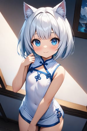 master piece, best quality, highly detailed, ultra detailed, more detail XL, extremely detailed CG unity 8k wallpaper, 
1 girl, 9 years old, cat ears, white hair, bob cut, blue eyes, smile, 
white Chinese dresses, micro skirt, looking at viewer ,