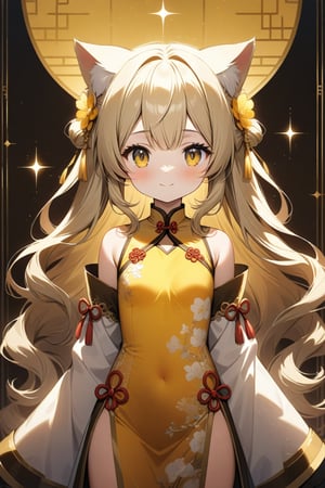 A majestic masterpiece of a 15-year-old loli girl posing against a serene yellow-hued backdrop, adorned in a stunning traditional Chinese dress with intricately designed sleeves that graze her wrists. Her eyes, an unusual shade of bright yellow, sparkle with a gentle smile as she showcases her petite frame and curvaceous figure. The cat ears atop her blonde wavy hair add a whimsical touch to the ultra-detailed 8K wallpaper, set against a warm, golden lighting that accentuates her youthful beauty.