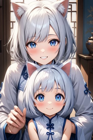 master piece, best quality, highly detailed, ultra detailed, more detail XL, extremely detailed CG unity 8k wallpaper,  cat ears, white hair, bob cut, blue eyes, 
white Chinese dresses, very happy smile, 
daughter_and_mother, daughter is 9 years old, mother is 30 years old, looking at viewer, 