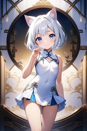 A majestic masterpiece of a CG unity 8K wallpaper. A stunning 9-year-old girl with vibrant white hair, a chic bob cut, and piercing blue eyes beams with a radiant smile directly at the viewer. Her slender physique is clad in a sleek white Chinese dress, showcasing a micro skirt that adds to her enchanting charm. Cat ears adorn her head, adding an endearing touch to this breathtaking scene. The framing of the shot highlights her captivating gaze, while the soft lighting accentuates her porcelain-like complexion and delicate features. The composition is deliberately crafted to draw the viewer's attention to her mesmerizing presence.