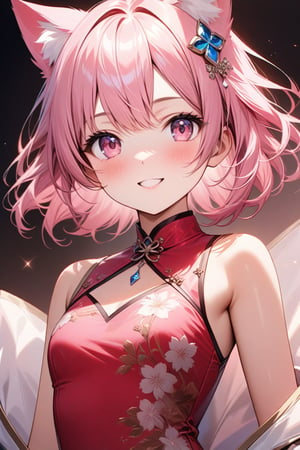 Masterpiece of a 14-year-old girl, beaming with a radiant smile, donning an exquisite pink Chinese dress featuring a side slit design. Her ultra-detailed, highly detailed, and extremely detailed features include pink eyes, pink hair styled in a short, stylish cut, and cat ears adorned with sparkly jewelry. The 8K wallpaper-quality image showcases the subject against a subtle background, allowing her vibrant presence to take center stage. Framed by a shallow depth of field, the girl's delicate features are rendered in breathtaking detail, as if plucked from a real-life masterpiece.