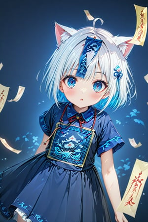 master piece, best quality, highly detailed, ultra detailed, more detail XL, extremely detailed CG unity 8k wallpaper, 1 girl, cute, kawaii, 9 years old, cat ears, white hair, bob cut, blue eyes, looking at viewer,nanjiang,nvjiang,huangfu paper,jyojifuku,ofuda,blue dress,ribbon,score_9,score_8_up,score_7_up,source_anime