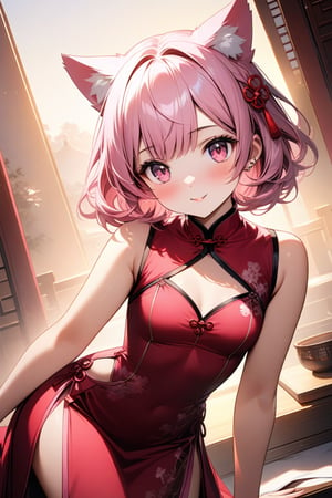 In a soft, golden light, a 14-year-old girl with striking pink hair, cat ears, and piercing pink eyes sits elegantly against a serene background. She wears a stunning pink Chinese-inspired dress with a side slit, showcasing her delicate features as she sports a warm, inviting smile. The image is presented in ultra-detailed, high-quality 8K resolution, with intricate details that draw the viewer in.