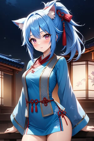 master piece, best quality, highly detailed, ultra detailed, more detail XL, extremely detailed CG unity 8k wallpaper, 
1 woman, 20 years old, cute, cat ears, pink eyes, blue hair, medium hair, ponytail, blue Chinese traditional clothes, microskirt, night time, 