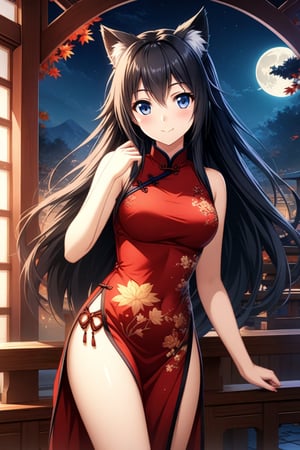 master piece, best quality, highly detailed, ultra detailed, more detail XL, extremely detailed CG unity 8k wallpaper, 
1 woman, 22 years old, smile, cat ears, red Chinese dresses, pelvic curtain,,black hair, long hair, 
night time, 
Mid-Autumn Harvest Moon