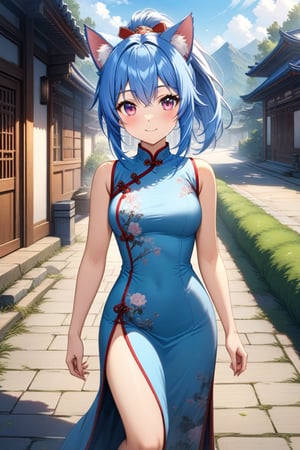 master piece, best quality, highly detailed, ultra detailed, more detail XL, extremely detailed CG unity 8k wallpaper, 
1 woman, 20 years old, cute, cat ears, pink eyes, blue hair, medium hair, ponytail, blue Chinese dresses, side slit dress, smile, morning, outdoor, walking, 