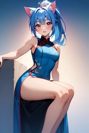 Vibrant 8K masterpiece of a young woman, 20 years old, with an endearing expression and sparkling pink eyes. Her striking features are accentuated by her short, sky-blue hair styled in a high ponytail. She wears a stunning blue Chinese dress with a side slit, showcasing her toned legs. The cat ears on her head add a playful touch to the overall design. The framing of the shot captures her in a relaxed pose against a subtle gradient background, allowing the viewer's focus to remain solely on the subject's captivating beauty.