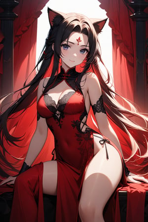 A majestic masterpiece! A stunning 22-year-old woman sits serenely, her bright red Chinese dress flowing like a crimson waterfall around her. Her black, shoulder-grazing locks cascade down her back, with a few loose strands framing her radiant smile. Delicate cat ears adorn her forehead, and a lacy pelvic curtain adds an air of mystique to her enigmatic pose. The 8K wallpaper is a true marvel of detail, with every strand of hair, every fold of fabric, and every nuance of light meticulously crafted in ultra-high definition.