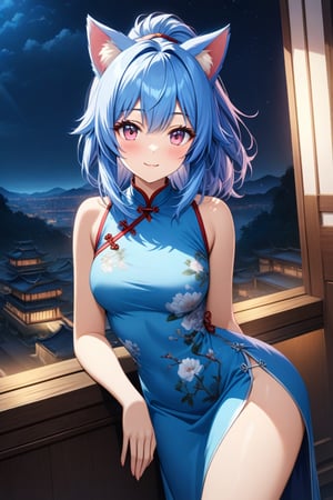 master piece, best quality, highly detailed, ultra detailed, more detail XL, extremely detailed CG unity 8k wallpaper, 
1 woman, 20 years old, cute, cat ears, pink eyes, blue hair, medium hair, ponytail, blue Chinese dresses, side slit dress, smile, night time, 