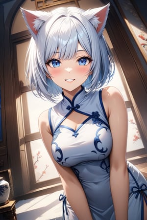 master piece, best quality, highly detailed, ultra detailed, more detail XL, extremely detailed CG unity 8k wallpaper, 
1 woman, 30 years old, cat ears, white hair, bob cut, blue eyes, 
white Chinese dresses, smile,