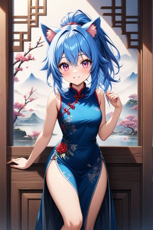 master piece, best quality, highly detailed, ultra detailed, more detail XL, extremely detailed CG unity 8k wallpaper, 
1 woman, 20 years old, cute, cat ears, pink eyes, blue hair, medium hair, ponytail, blue Chinese dresses, side slit dress, smile