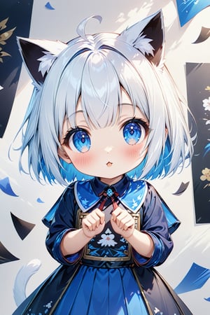 master piece, best quality, highly detailed, ultra detailed, more detail XL, extremely detailed CG unity 8k wallpaper, 1 girl, cute, kawaii, 9 years old, cat ears, white hair, bob cut, blue eyes, looking at viewer,nanjiang,nvjiang,huangfu paper