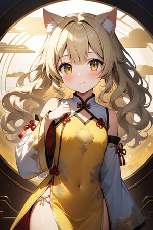 A majestic masterpiece of a 15-year-old loli girl posing against a serene yellow-hued backdrop, adorned in a stunning traditional Chinese dress with intricately designed sleeves that graze her wrists. Her eyes, an unusual shade of bright yellow, sparkle with a gentle smile as she showcases her petite frame and curvaceous figure. The cat ears atop her blonde wavy hair add a whimsical touch to the ultra-detailed 8K wallpaper, set against a warm, golden lighting that accentuates her youthful beauty.