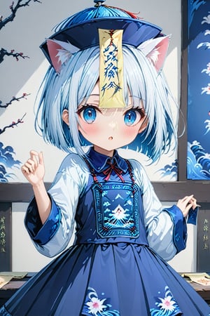 master piece, best quality, highly detailed, ultra detailed, more detail XL, extremely detailed CG unity 8k wallpaper, 1 girl, cute, kawaii, 9 years old, cat ears, white hair, bob cut, blue eyes, looking at viewer,nanjiang,nvjiang,huangfu paper,jyojifuku,ofuda,blue dress,ribbon,hat,score_9,score_8_up,score_7_up,source_anime