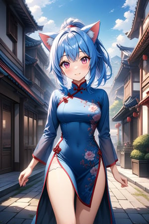 master piece, best quality, highly detailed, ultra detailed, more detail XL, extremely detailed CG unity 8k wallpaper, 
1 woman, 20 years old, cute, cat ears, pink eyes, blue hair, medium hair, ponytail, blue Chinese dresses, side slit dress, miniskirt, happy smile, morning, outdoor, walking on the street,