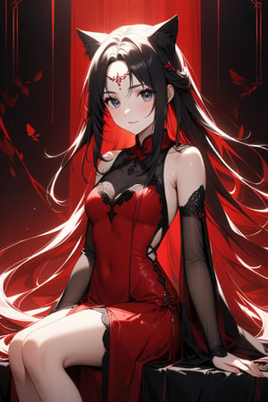 A majestic masterpiece! A stunning 22-year-old woman sits serenely, her bright red Chinese dress flowing like a crimson waterfall around her. Her black, shoulder-grazing locks cascade down her back, with a few loose strands framing her radiant smile. Delicate cat ears adorn her forehead, and a lacy pelvic curtain adds an air of mystique to her enigmatic pose. The 8K wallpaper is a true marvel of detail, with every strand of hair, every fold of fabric, and every nuance of light meticulously crafted in ultra-high definition.